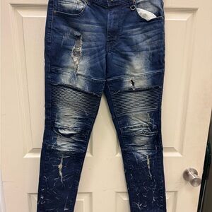 Slim Fit Men's Distressed Blue Moto Jeans